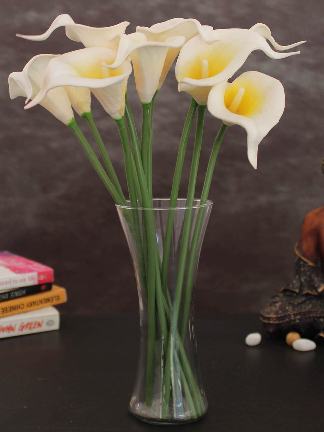 TIED RIBBONS Set of 10 White & Yellow Artificial Calla Lily Flower Sticks with Vase Pot Price in India