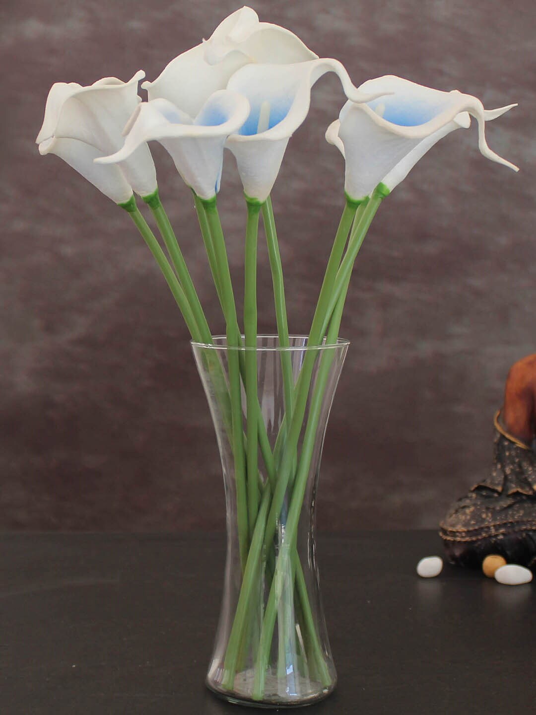 TIED RIBBONS Set of 10 White & Blue Calla Lily Flower Sticks with Vase Pot Price in India