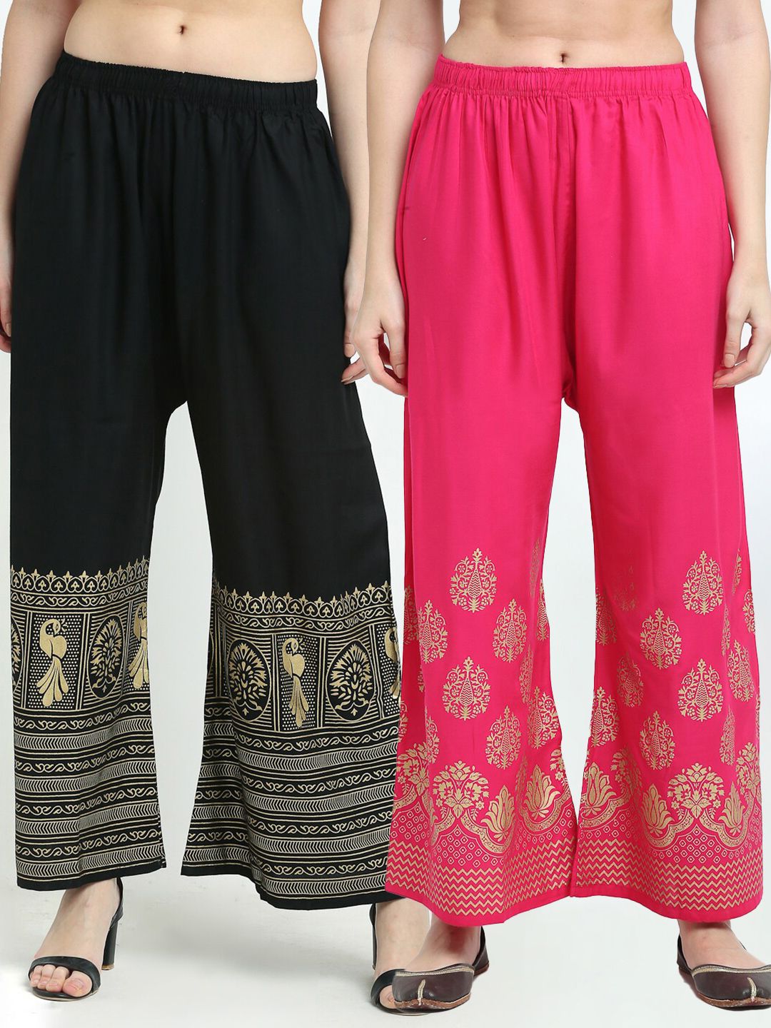 TAG 7 Women Pack Of 2 Black & Pink Ethnic Motifs Printed Flared Palazzos Price in India