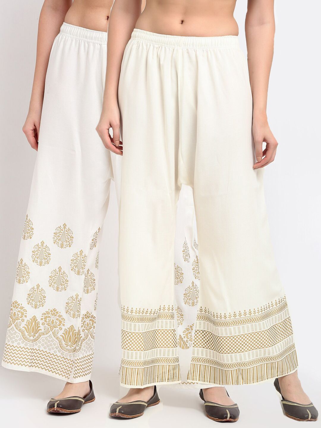 TAG 7 Pack of 2 Women White & Gold-Toned Flared Ethnic Palazzos Price in India
