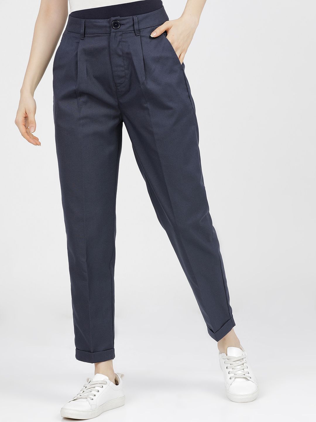 Tokyo Talkies Women Navy Blue High-Rise Pleated Trousers Price in India