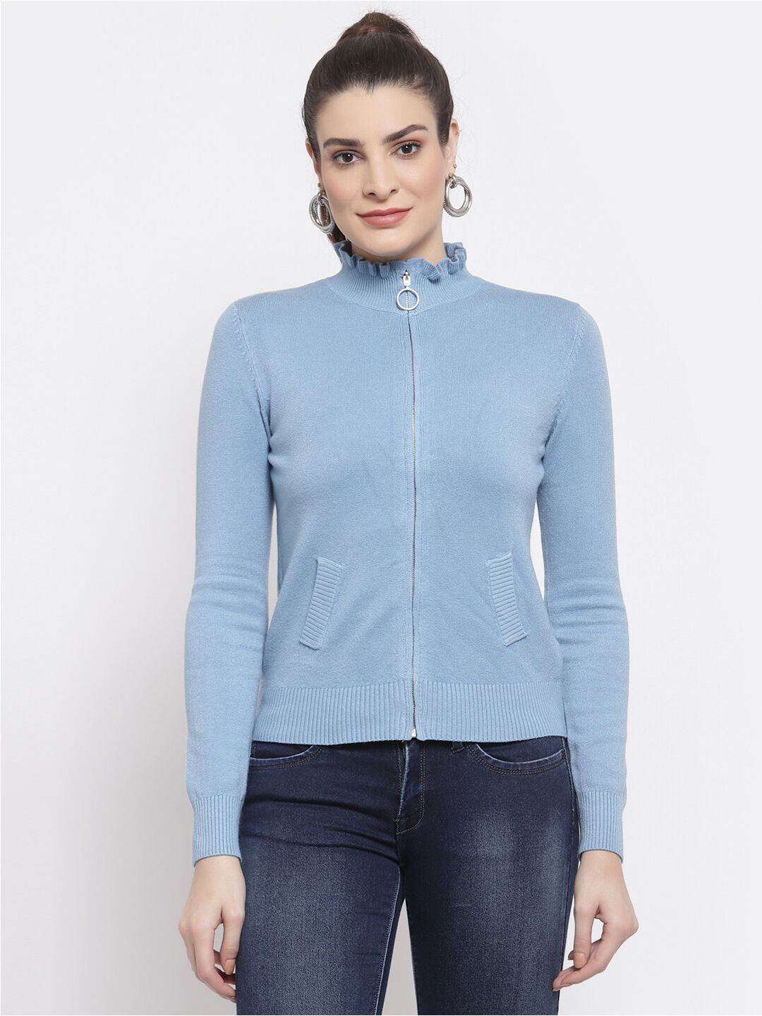 Mafadeny Women Blue Solid Front Open Cardigan Price in India