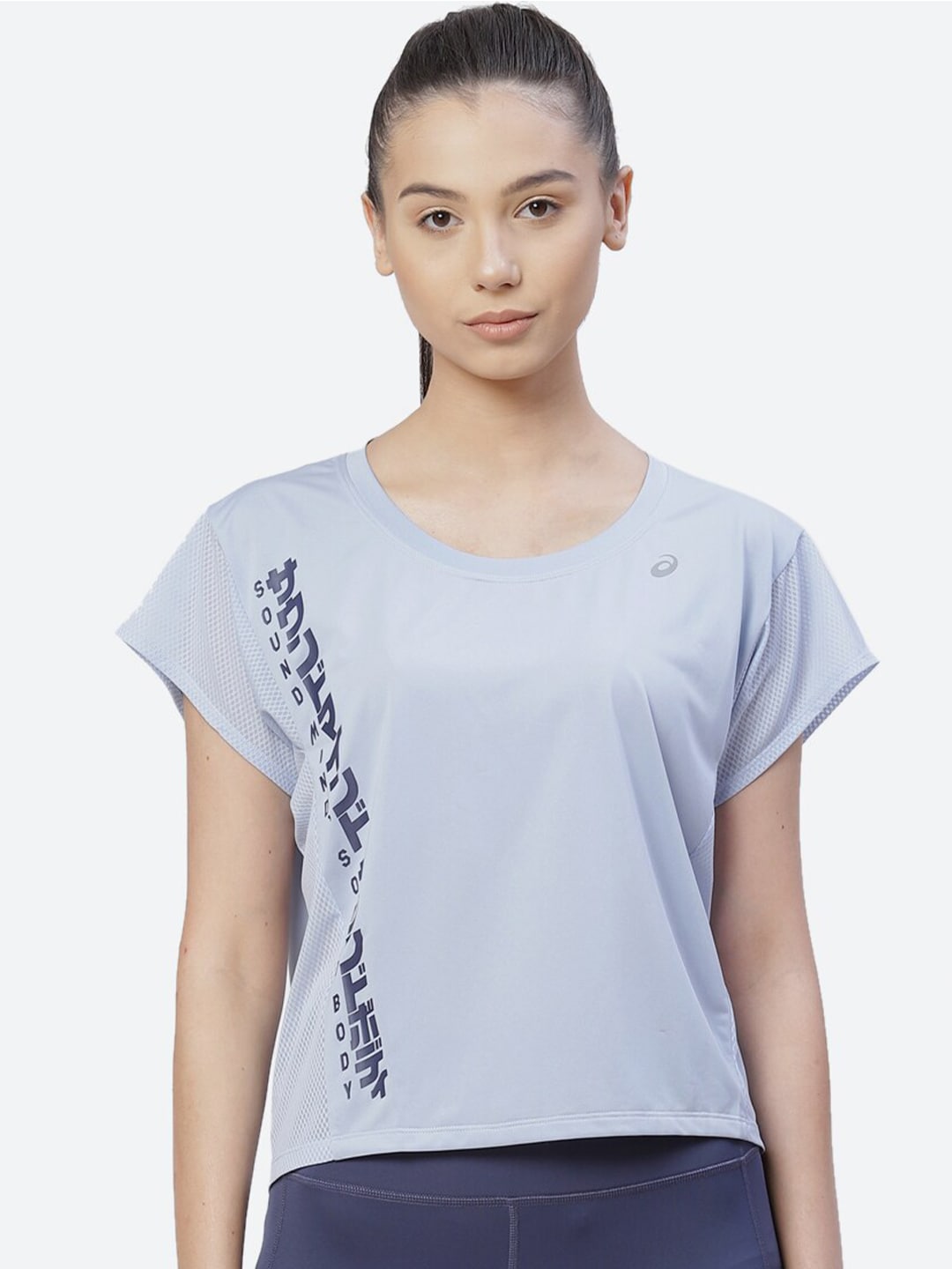 ASICS Women Blue Typography Printed Extended Sleeves SS Running T-shirt Price in India