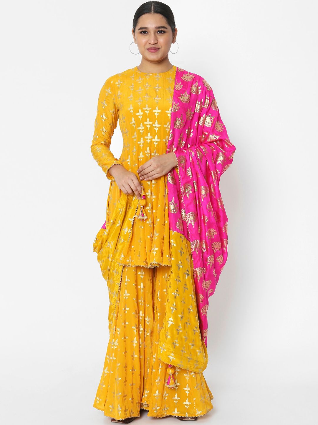 Masaba Women Yellow Ethnic Motifs Printed Empire Silk Crepe Kurta with Sharara & With Dupatta Price in India