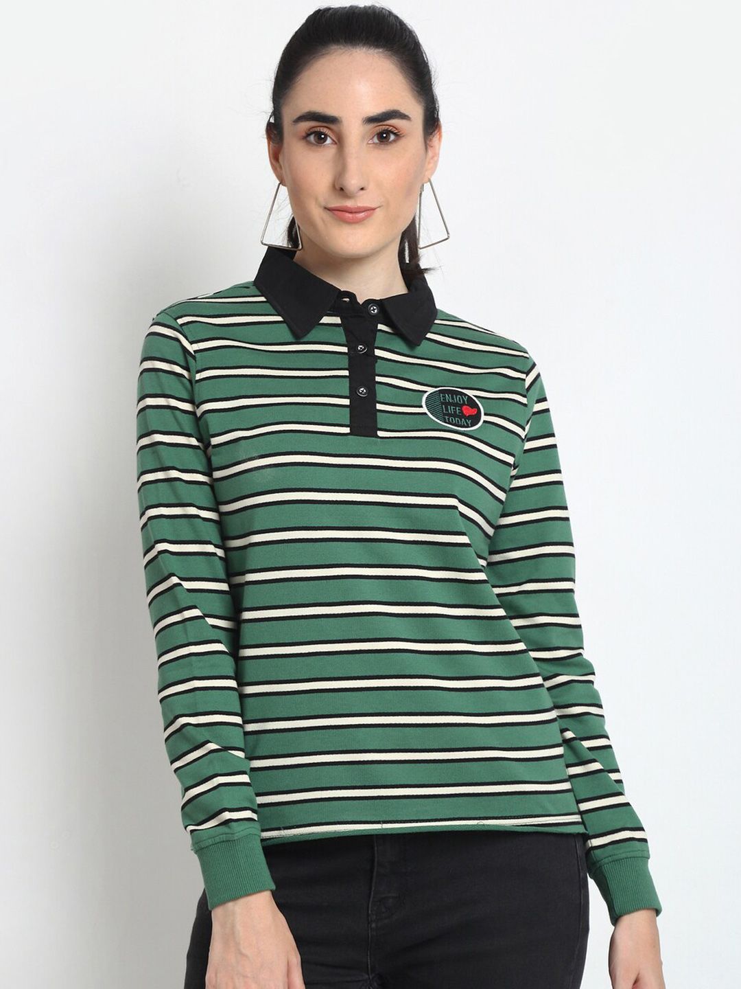 Club York Women Green & White Striped Sweatshirt Price in India