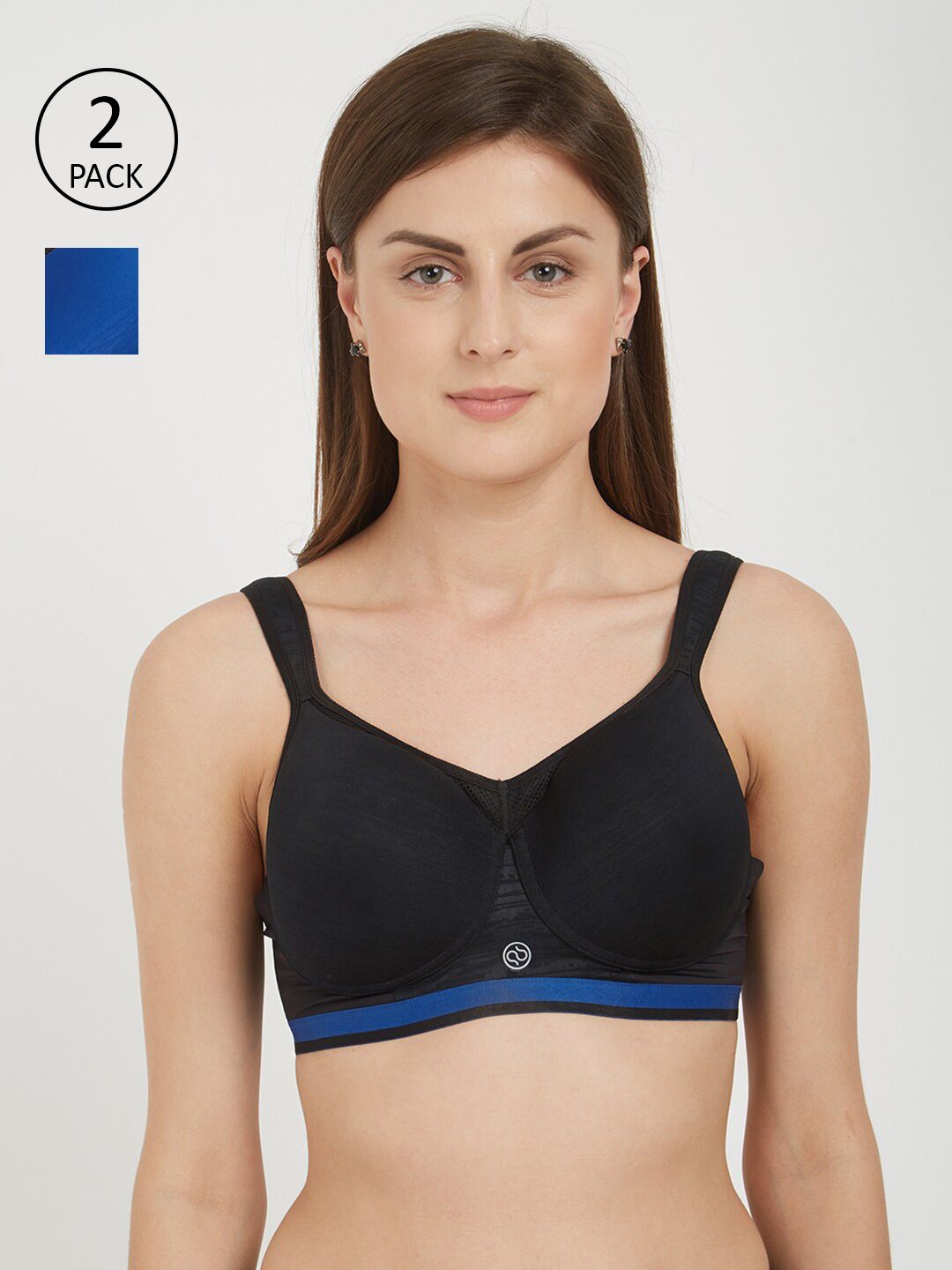 Soie Pack Of 2 Black & Blue Solid Workout Bras - Non-Wired Lightly Padded Price in India