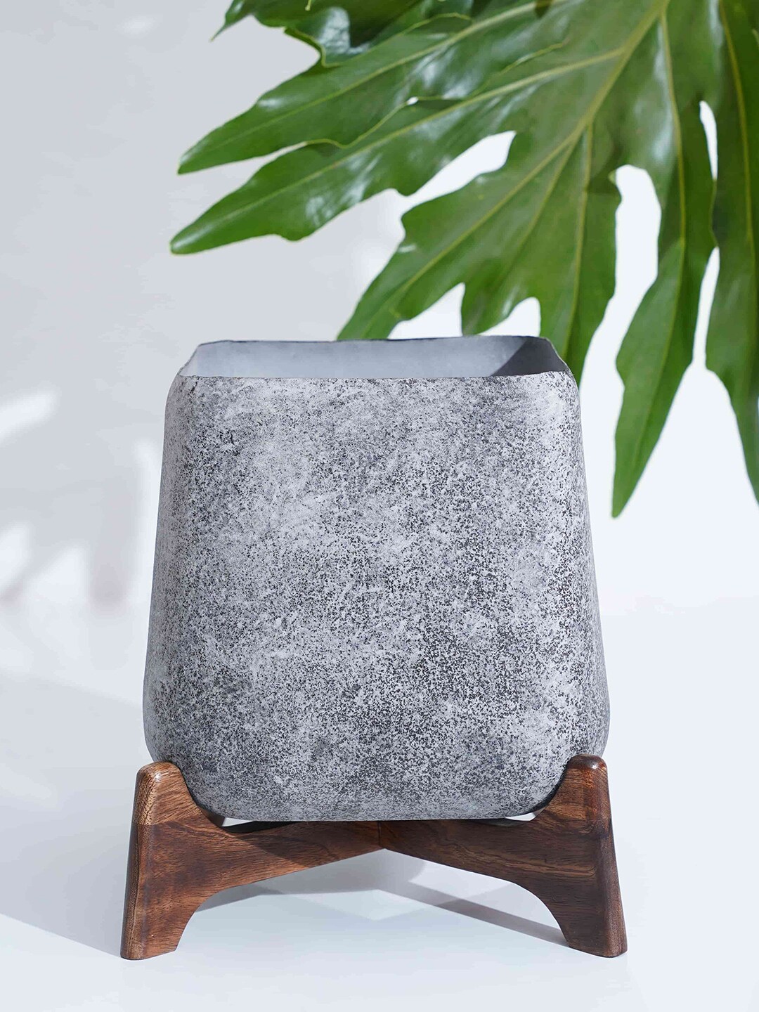 Folkstorys Grey & Brown Handcrafted Wooden Square Slate Planter Price in India