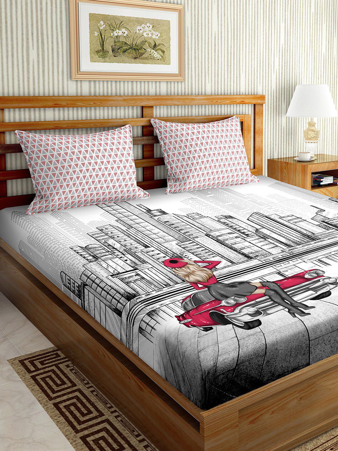 BELLA CASA White & Black 150 TC King Bedsheet with 2 Pillow Covers Price in India