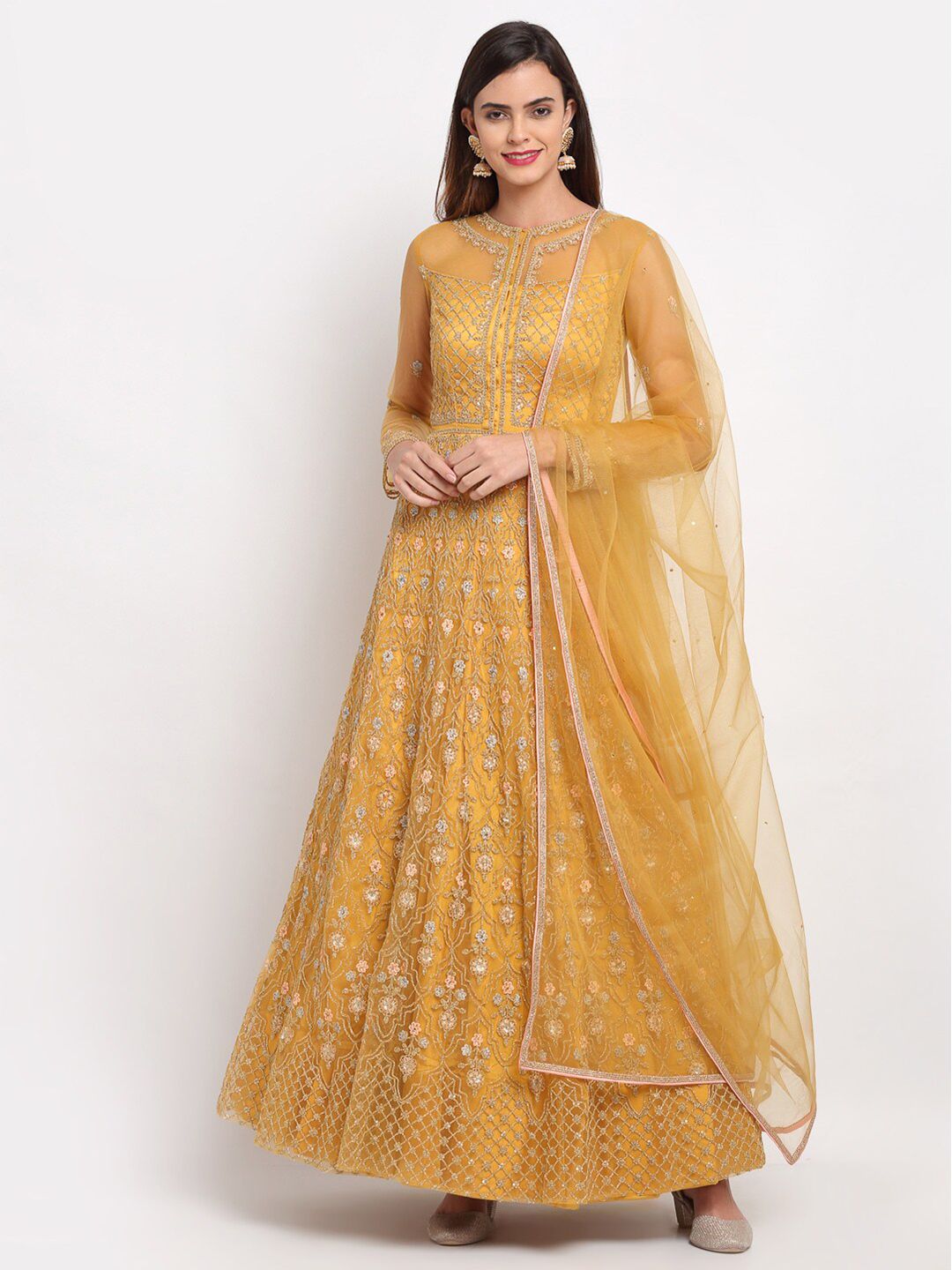 Stylee LIFESTYLE Mustard & Gold-Toned Embroidered Semi-Stitched Dress Material Price in India