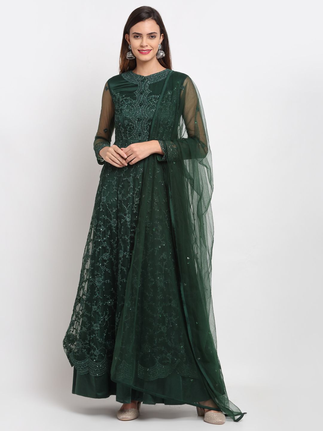 Stylee LIFESTYLE Green Embellished Semi-Stitched Dress Material Price in India