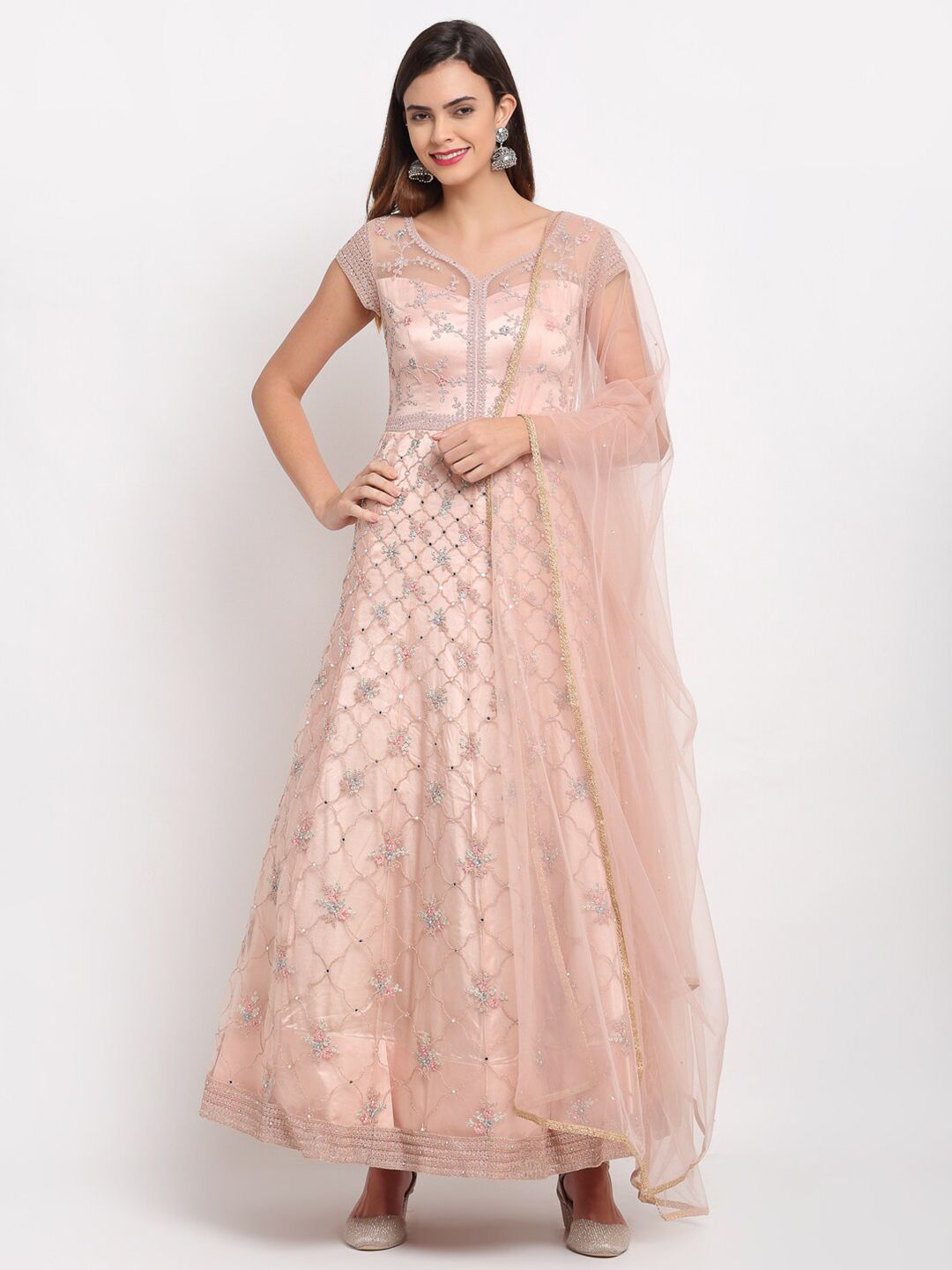 Stylee LIFESTYLE Peach-Coloured & Silver-Toned Embroidered Semi-Stitched Dress Material Price in India