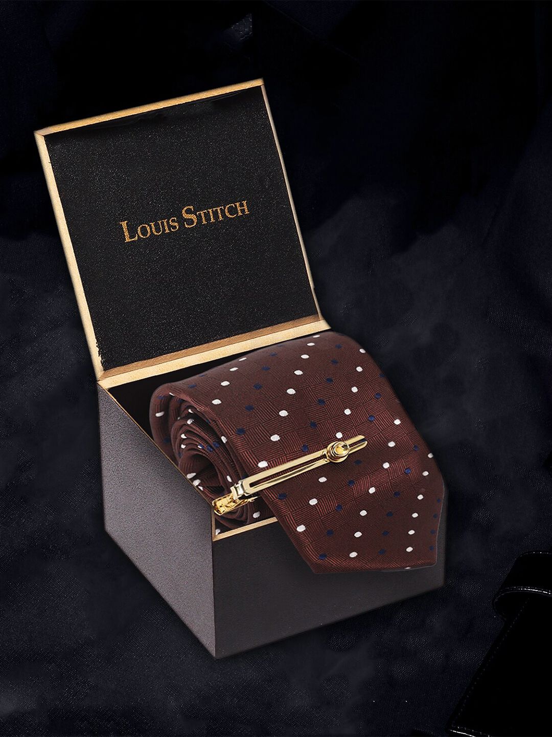 LOUIS STITCH Men Brown Polka Italian Silk Necktie Accessory Gift Set