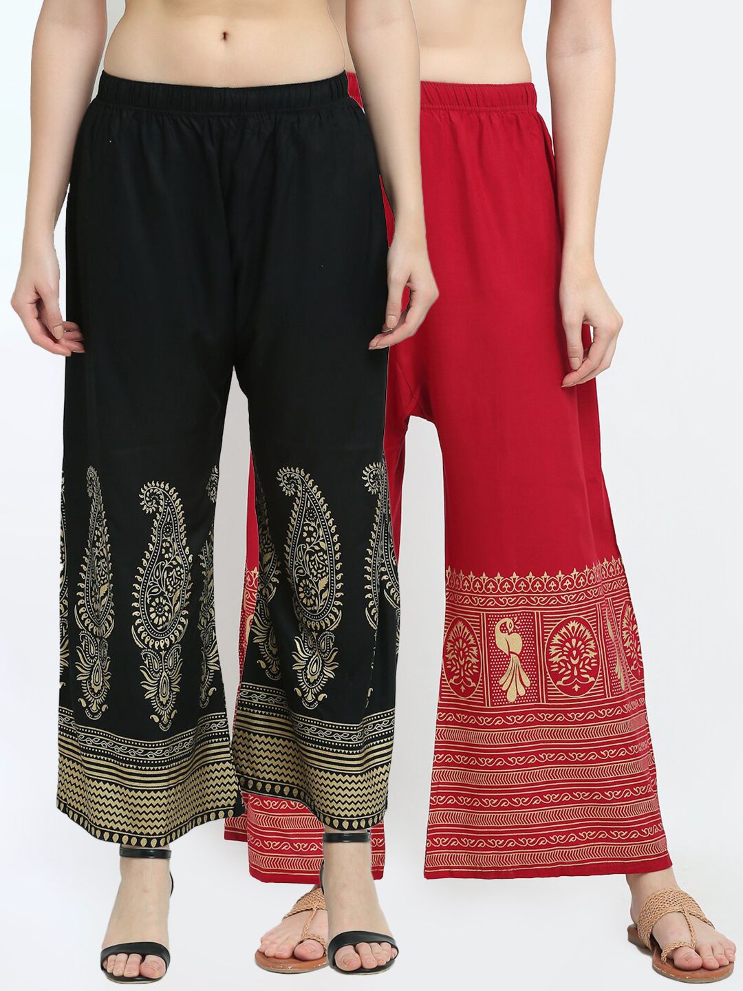 TAG 7 Women Pack of 2 Black & Maroon Printed Wide Leg Palazzos Price in India