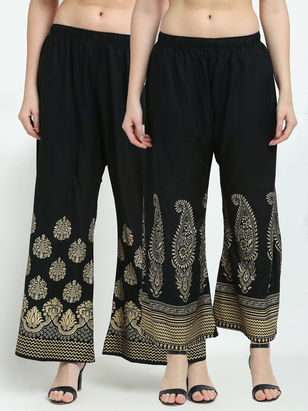 TAG 7 Women Pack of 2 Black & Gold-Toned Printed Flared Palazzos Price in India