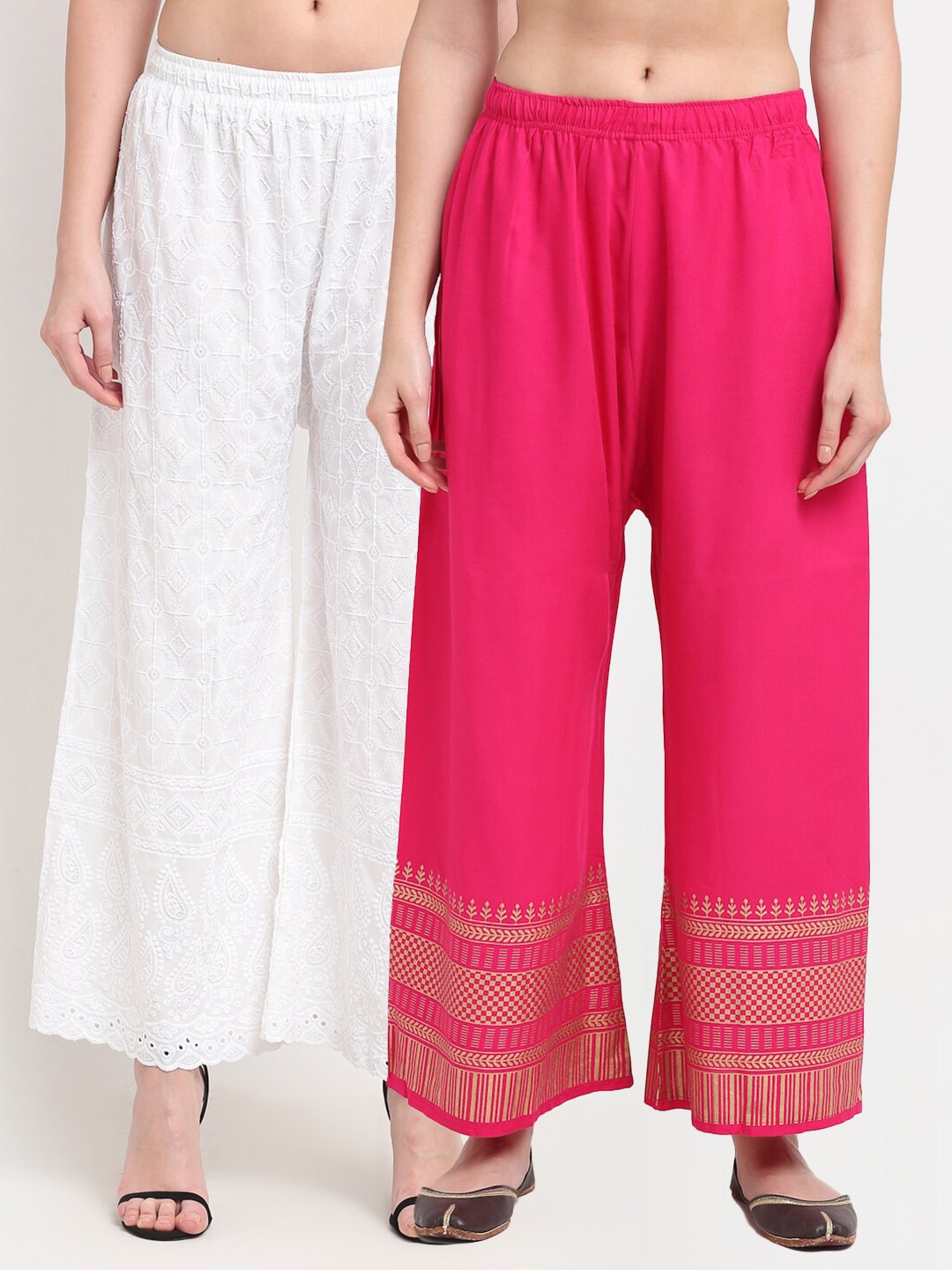TAG 7 Women White & Pink Pack of 2 Ethnic Motifs Printed Flared Palazzos Price in India