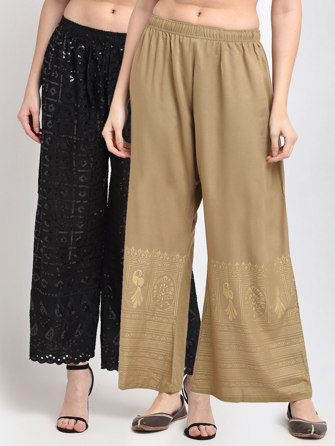 TAG 7 Women Black & Beige Pack of 2 Flared Ethnic Palazzos Price in India