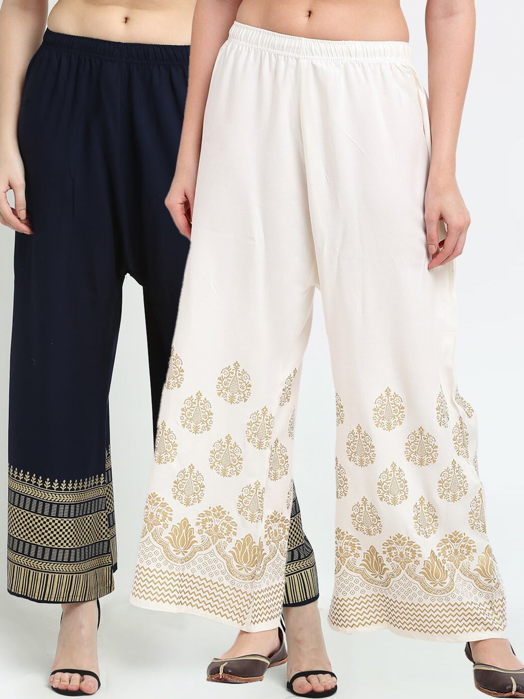 TAG 7 Women Pack of 2 Navy Blue & White Printed Wide Leg Palazzos Price in India