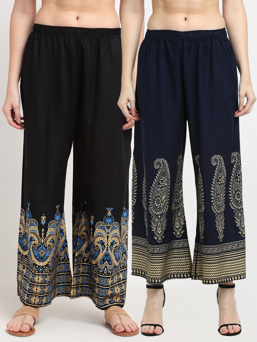 TAG 7 Women Pack of 2 Navy Blue & Black Printed Flared Palazzos Price in India