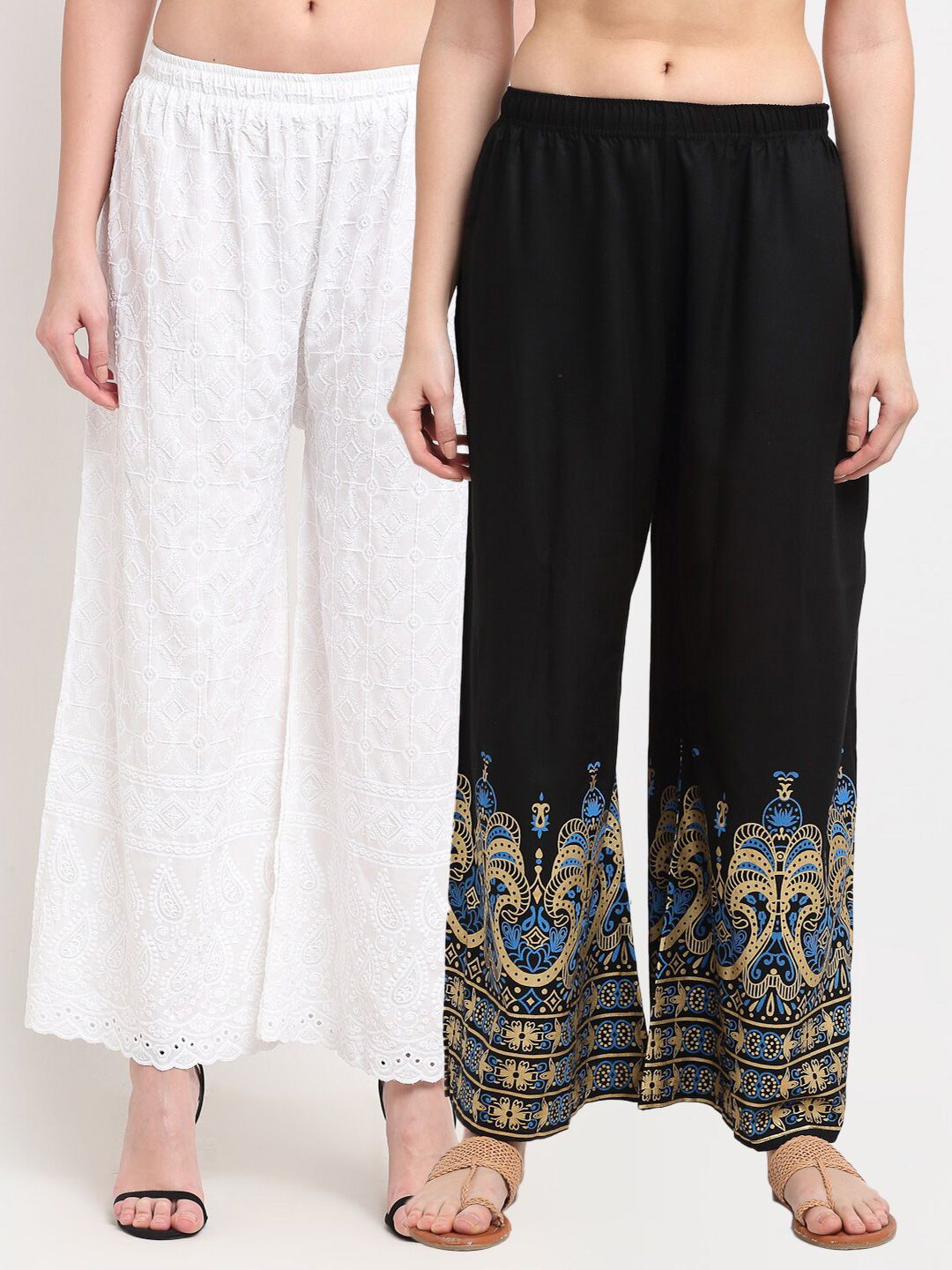 TAG 7 Women Pack Of 2 White & Black Ethnic Motifs Printed Wide Leg Palazzos Price in India