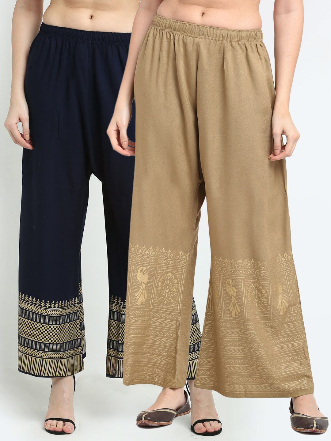 TAG 7 Women Pack Of 2 Navy Blue & Tan Ethnic Motifs Printed Wide Leg Palazzos Price in India
