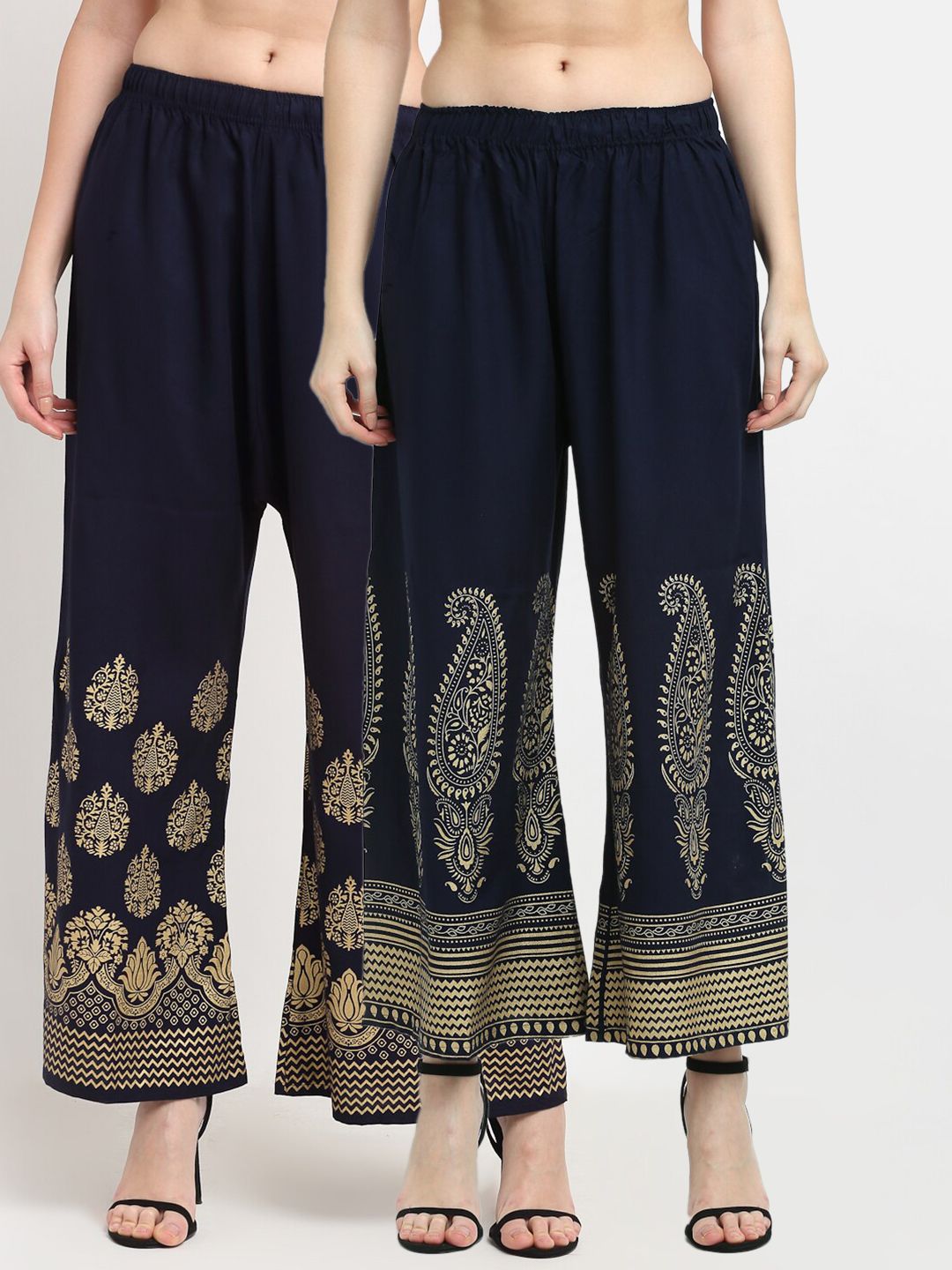 TAG 7 Women Pack of 2 Navy Blue & Gold-Toned Printed Wide Leg Palazzos Price in India