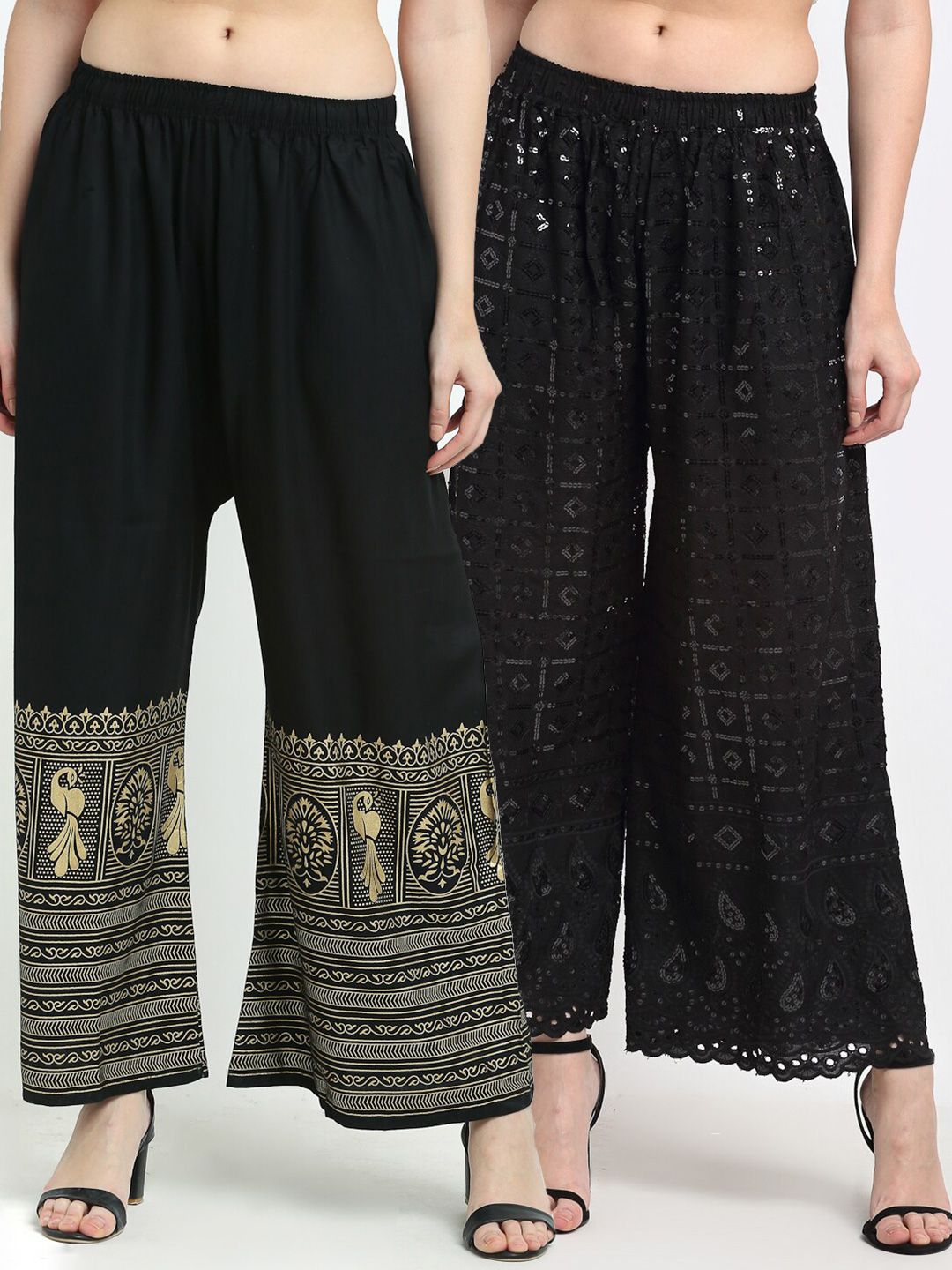 TAG 7 Women Black & Gold-Toned Set Of 2 Ethnic Motifs Embellished Palazzos Price in India