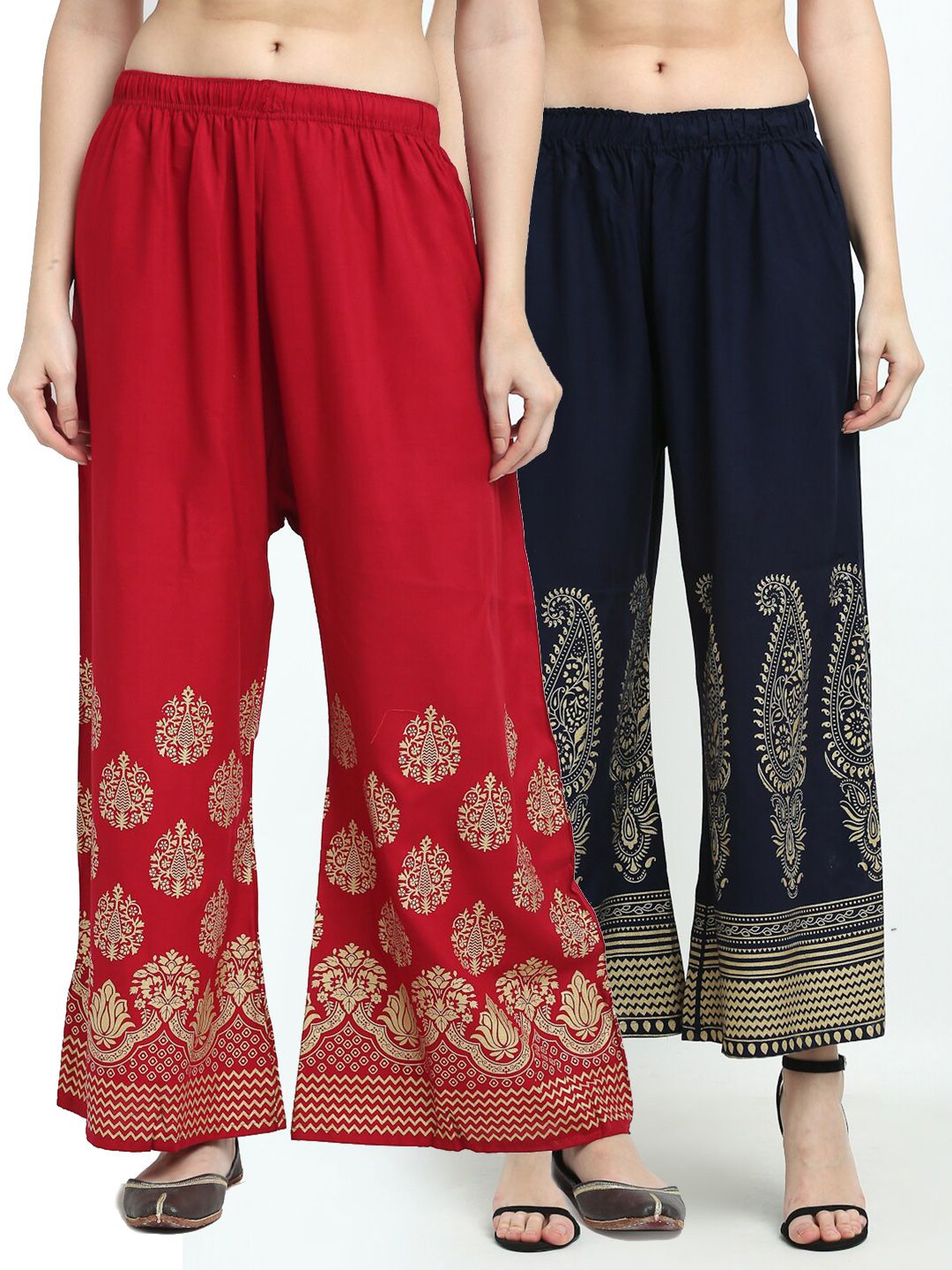 TAG 7 Women Pack of 2 Navy Blue & Red Printed Wide Leg Palazzos Price in India