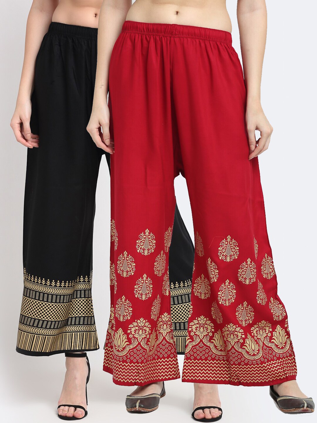 TAG 7 Women Pack Of 2 Black & Red Ethnic Motifs Printed Wide Leg Palazzos Price in India