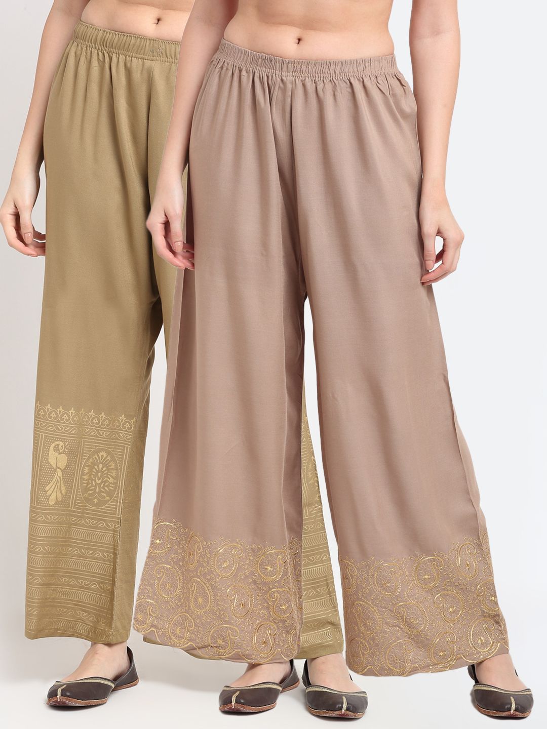TAG 7 Women Pack Of 2 Beige & Brown Ethnic Motifs Printed Wide Leg Palazzos Price in India