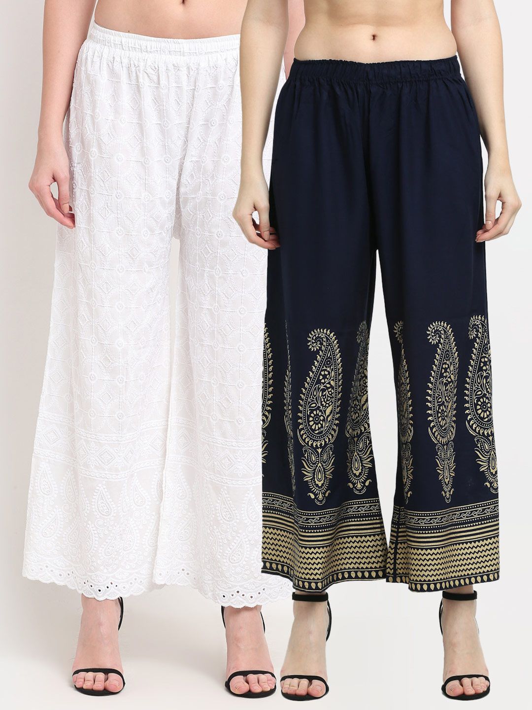 TAG 7 Pack of 2 Women White & Navy Blue Ethnic Motifs Embroidered Palazzos Price in India