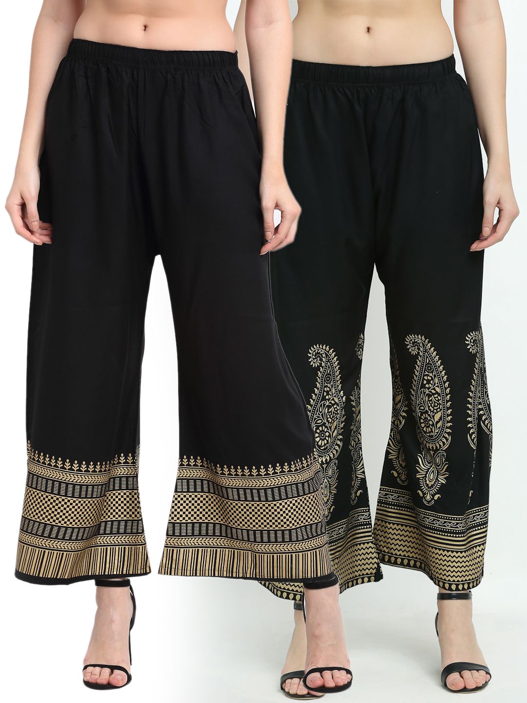 TAG 7 Women Pack of 2 Black & Gold-Toned Printed Flared Palazzos Price in India
