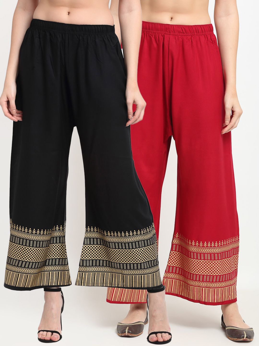 TAG 7 Women Pack Of 2 Red & Black Ethnic Motifs Printed Wide Leg Palazzos Price in India