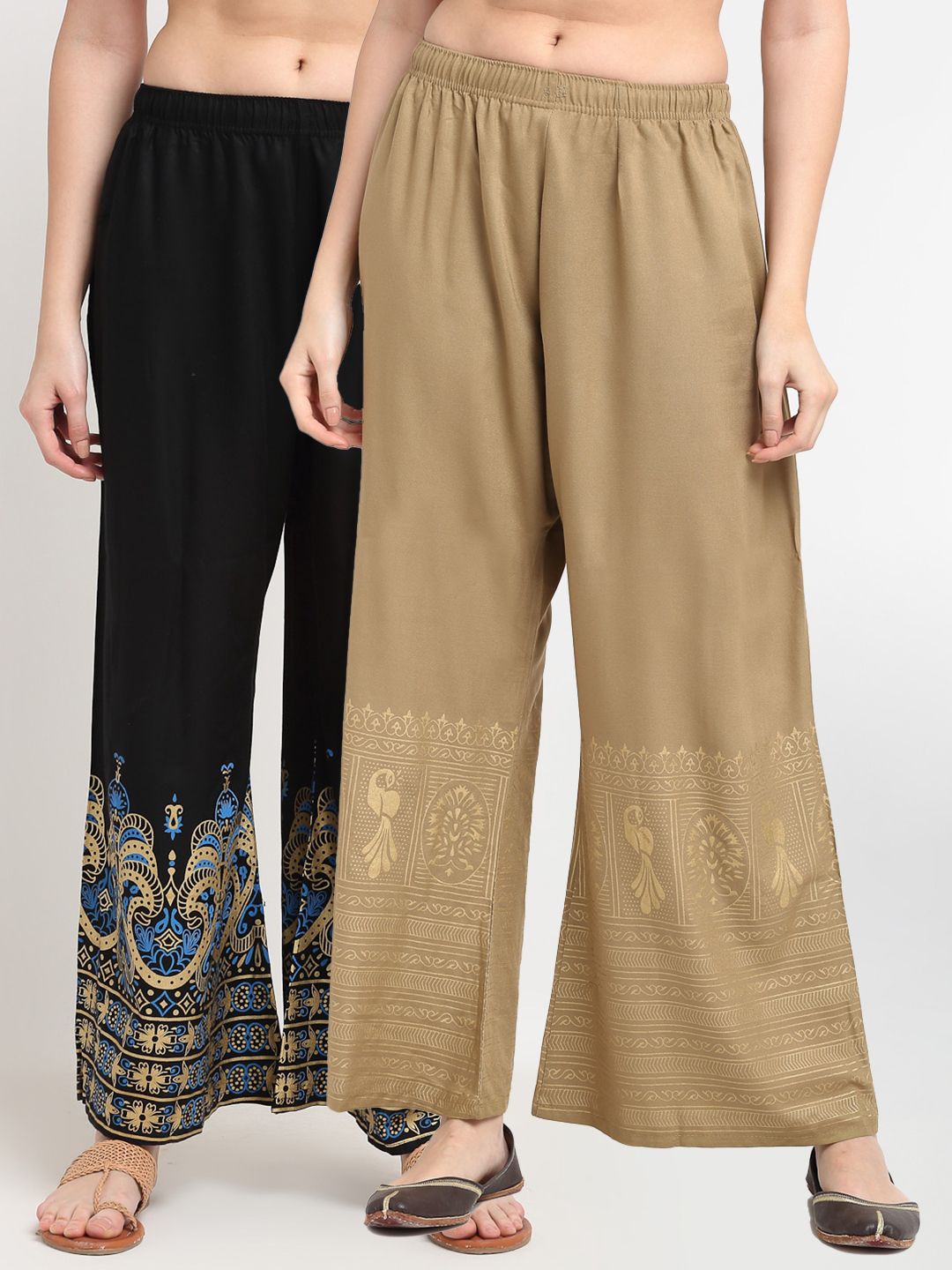 TAG 7 Women Pack of 2 Black & Beige Printed Wide Leg Palazzos Price in India