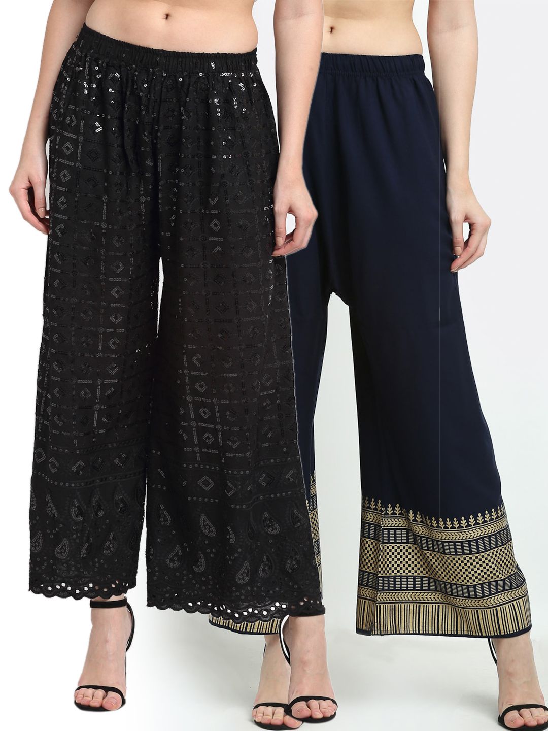 TAG 7 Women Pack Of 2 Black Ethnic Motifs Printed Wide Leg Palazzos Price in India