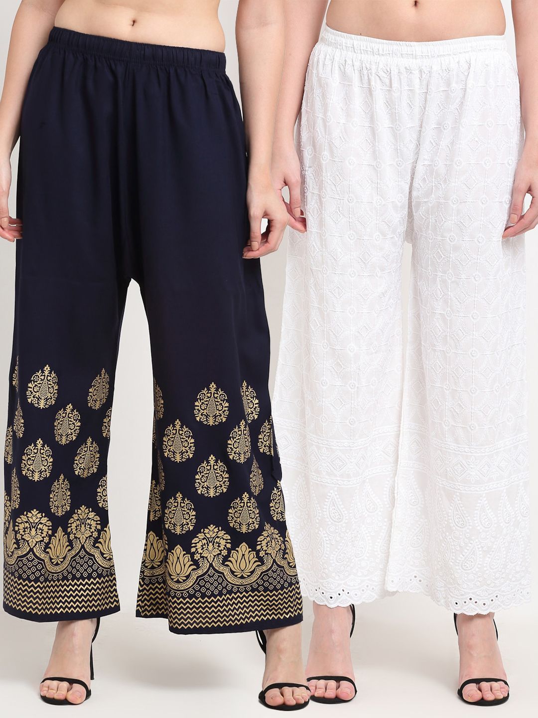 TAG 7 Women Pack of 2 White & Black Printed Flared Palazzos Price in India