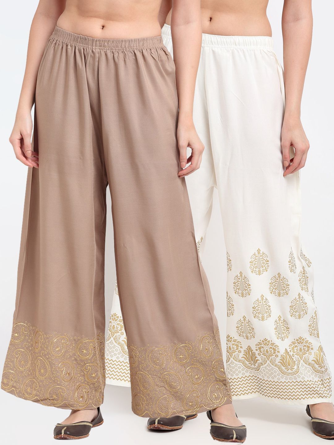 TAG 7 Women Pack of 2 Beige & White Embroidered Flared Palazzos Price in India
