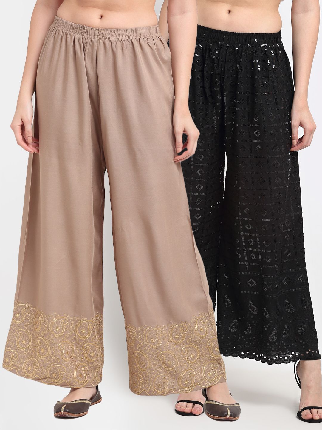 TAG 7 Women Pack of 2 Beige & Black Embellished Flared Palazzos Price in India