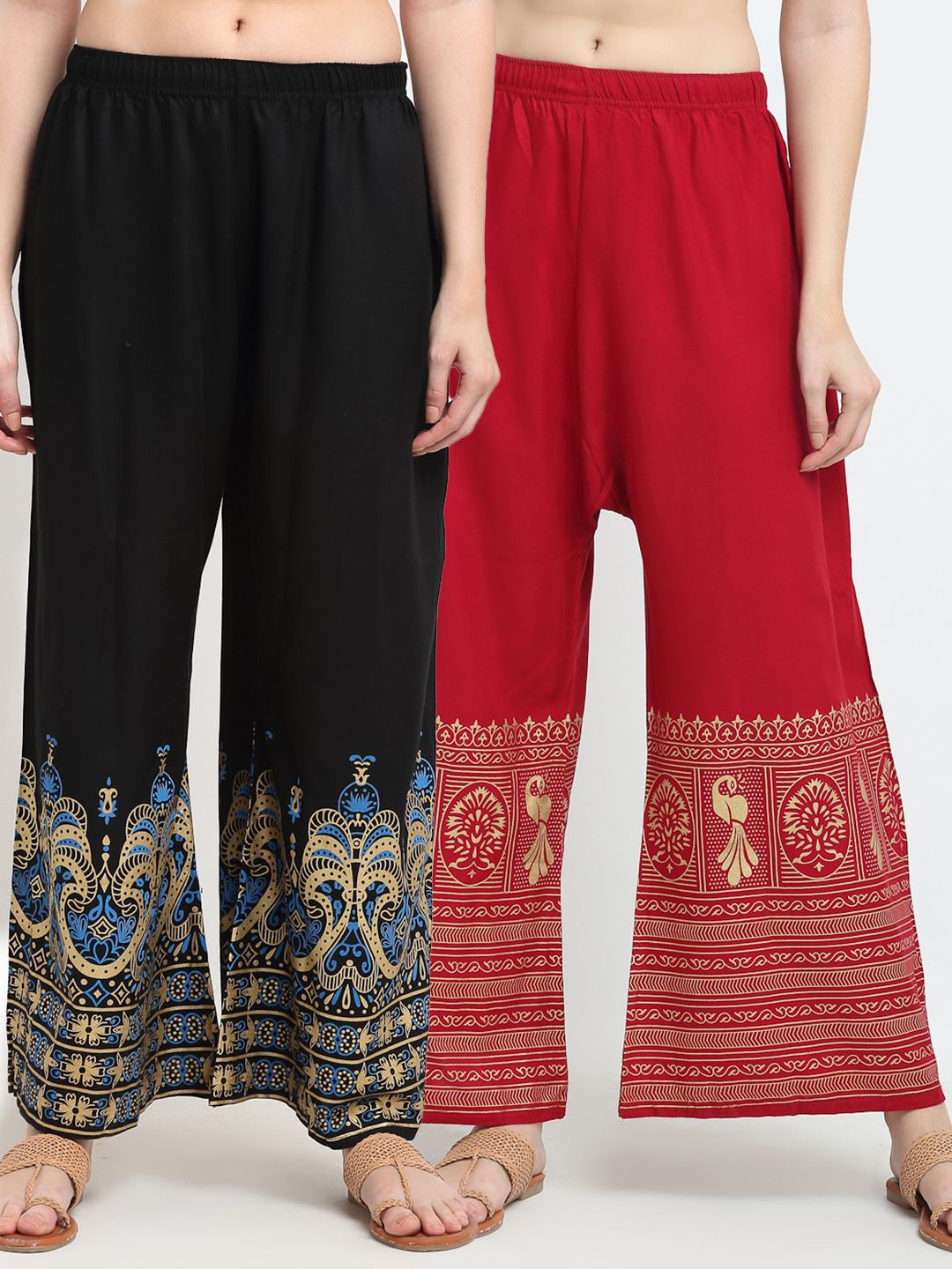 TAG 7 Women Pack of 2 Black & Red Printed Flared Palazzos Price in India