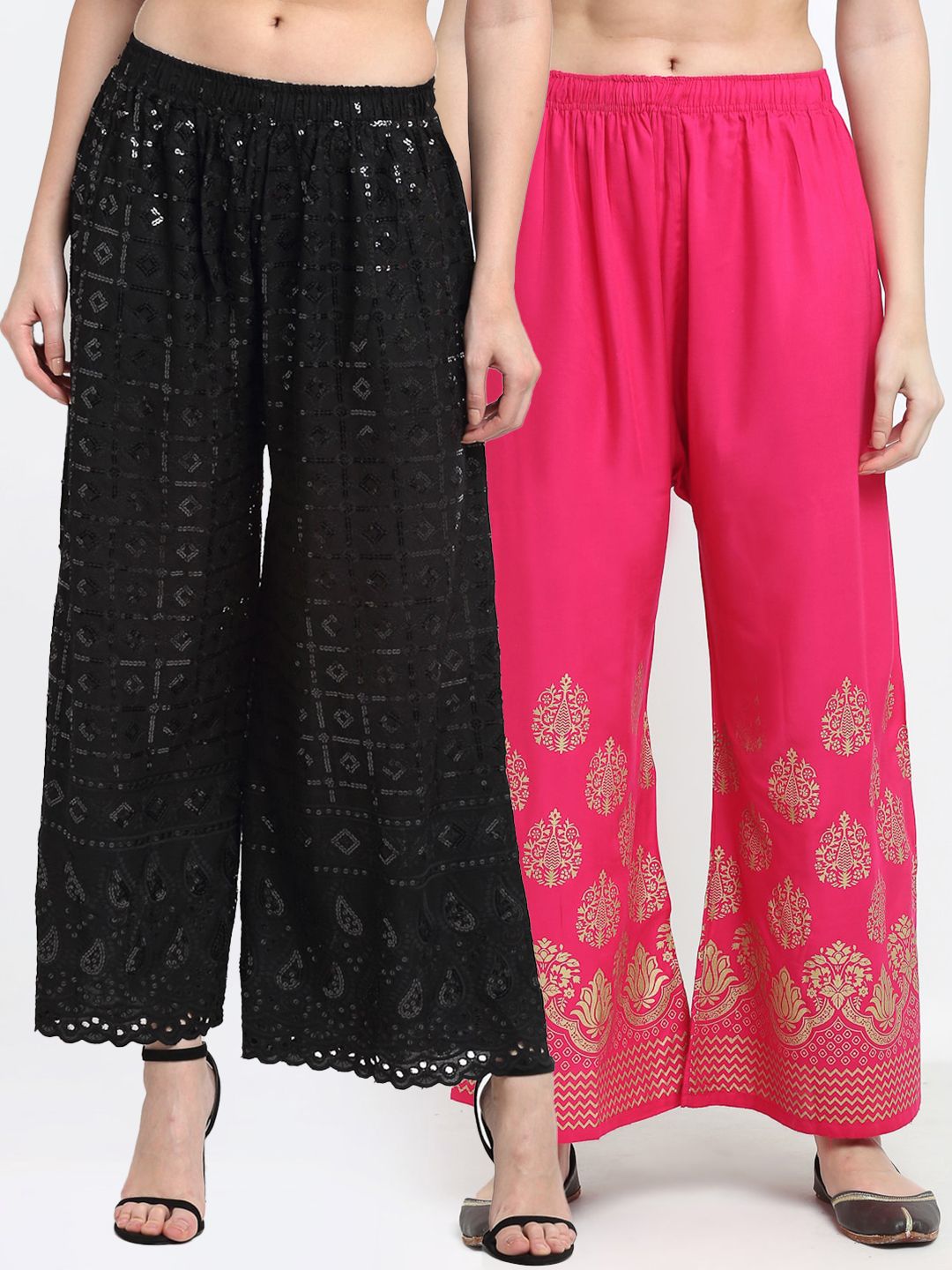 TAG 7 Women Pack of 2 Black & Pink Printed Flared Palazzos Price in India