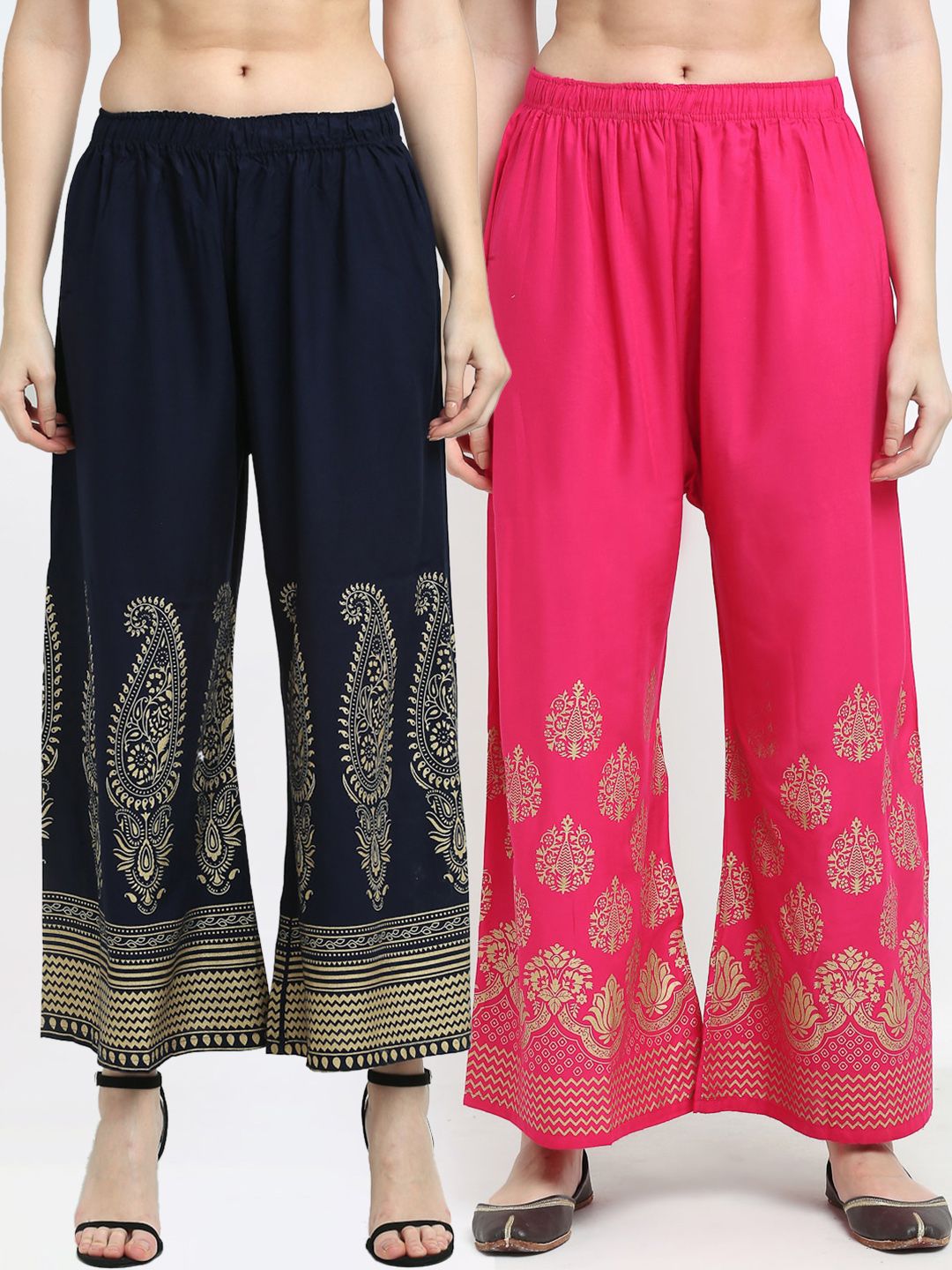 TAG 7 Women Pack Of 2 Pink & Navy Blue Ethnic Motifs Printed Wide Leg Palazzos Price in India
