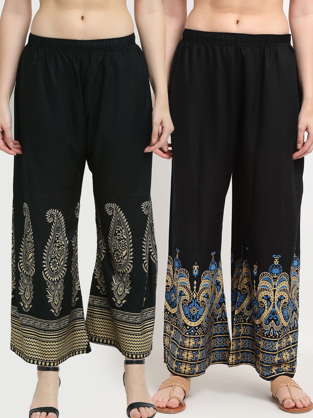 TAG 7 Women Pack of 2 Black & Gold-Toned Printed Wide Leg Palazzos Price in India