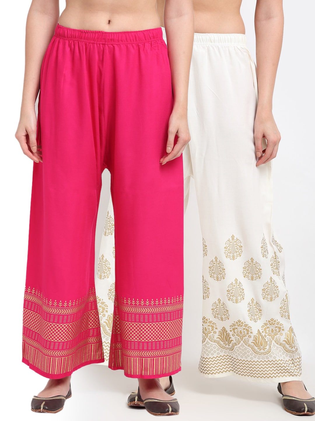 TAG 7 Women Pack of 2 Pink & White Printed Flared Palazzos Price in India