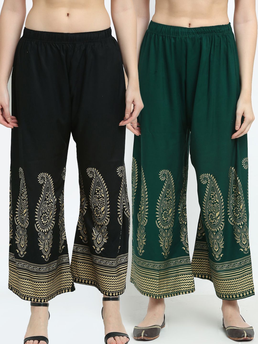 TAG 7 Women Pack of 2 Black & Green Printed Wide Leg Palazzos Price in India