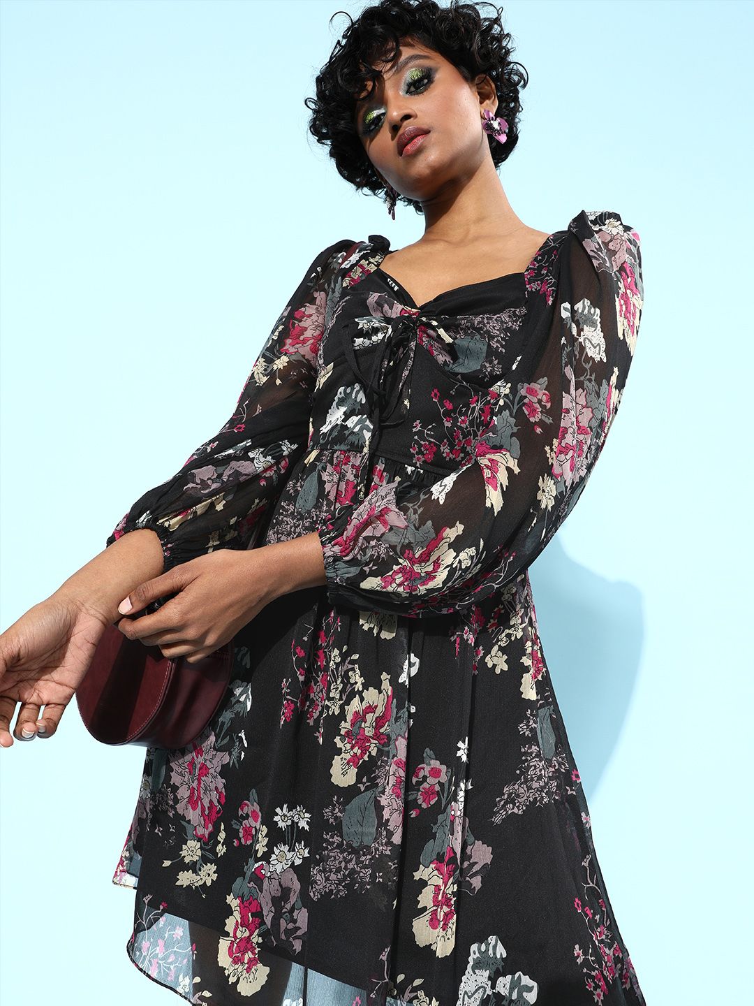 Athena Women Stylish Black Floral Sweetheart Neck Dress Price in India