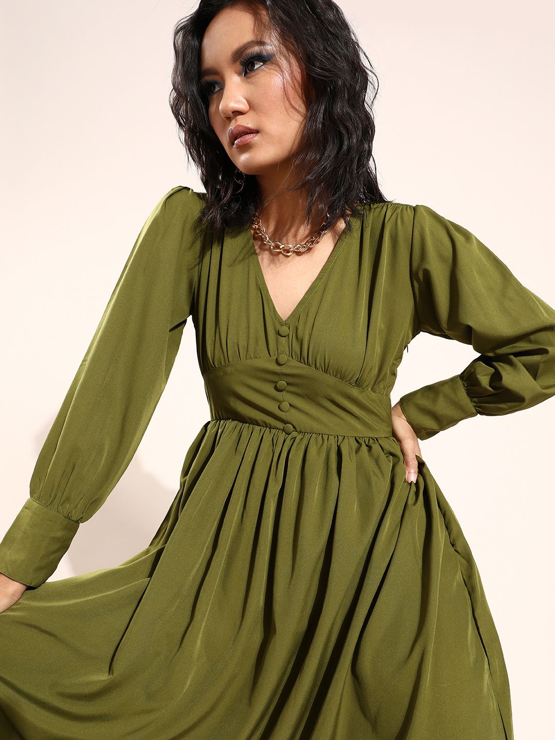 U&F Women Lovely Olive Solid Neck Dress Price in India