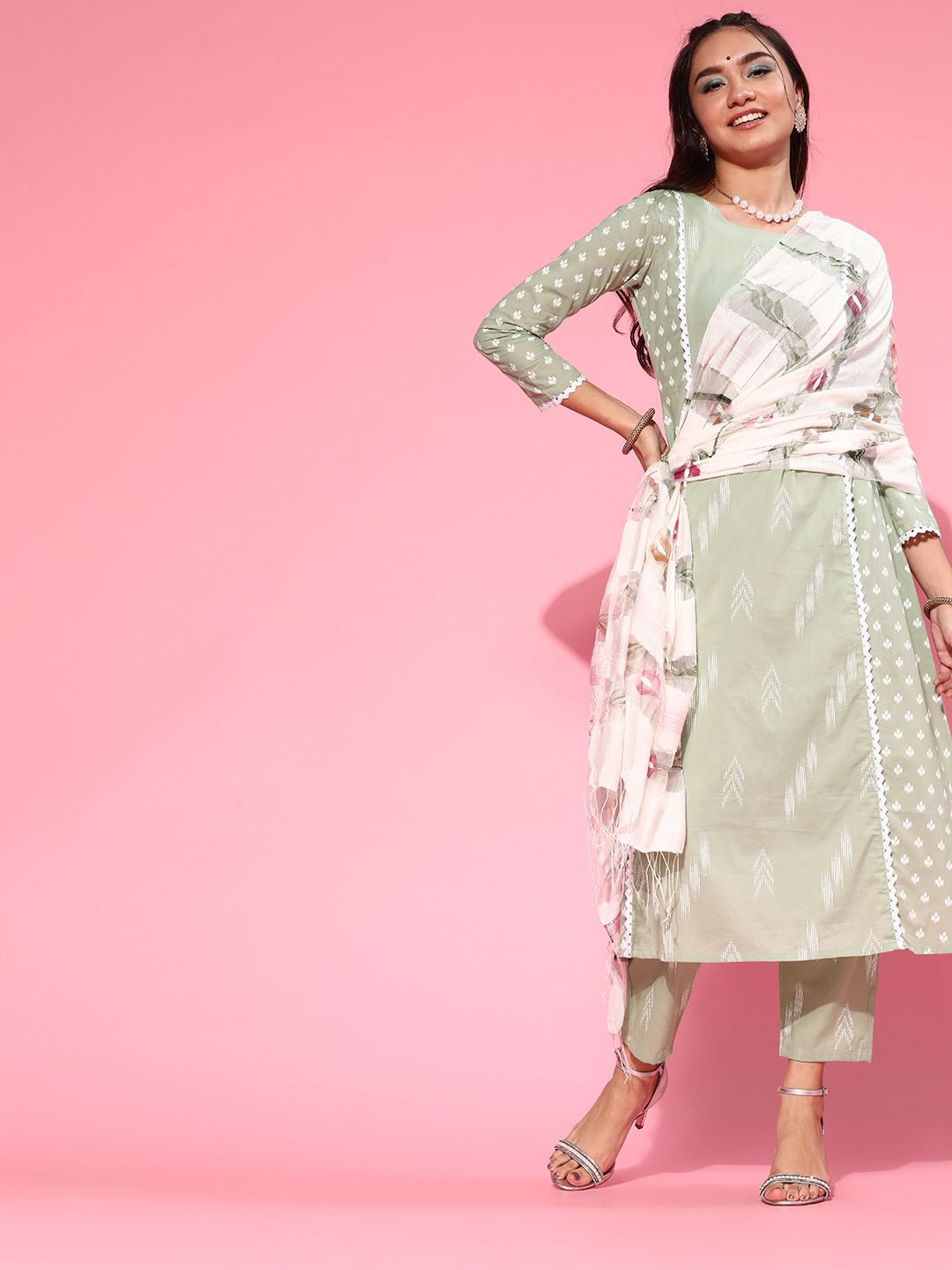 Indo Era Women Grey & White Khari Print Panelled Kurta with Trousers & Dupatta Price in India