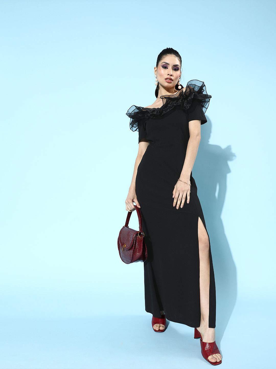 Athena Stylish Black Ruffled Tulle Dress Price in India