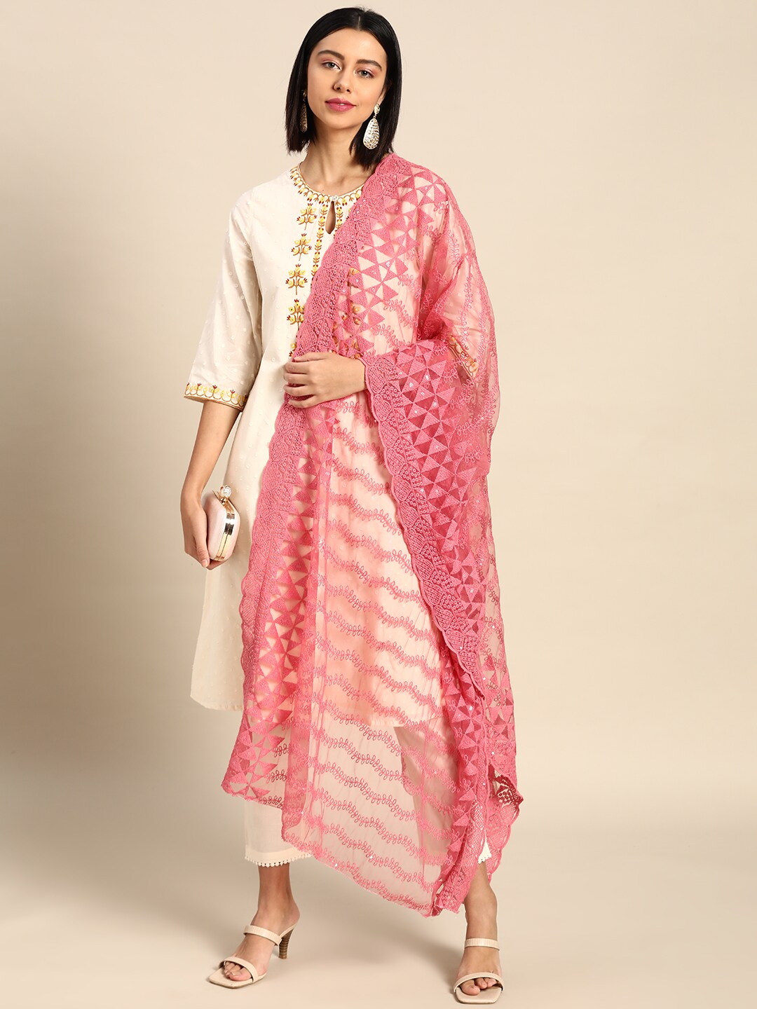 Saadgi Pink Chikankari Embroidered Sequinned Net Dupatta Price in India