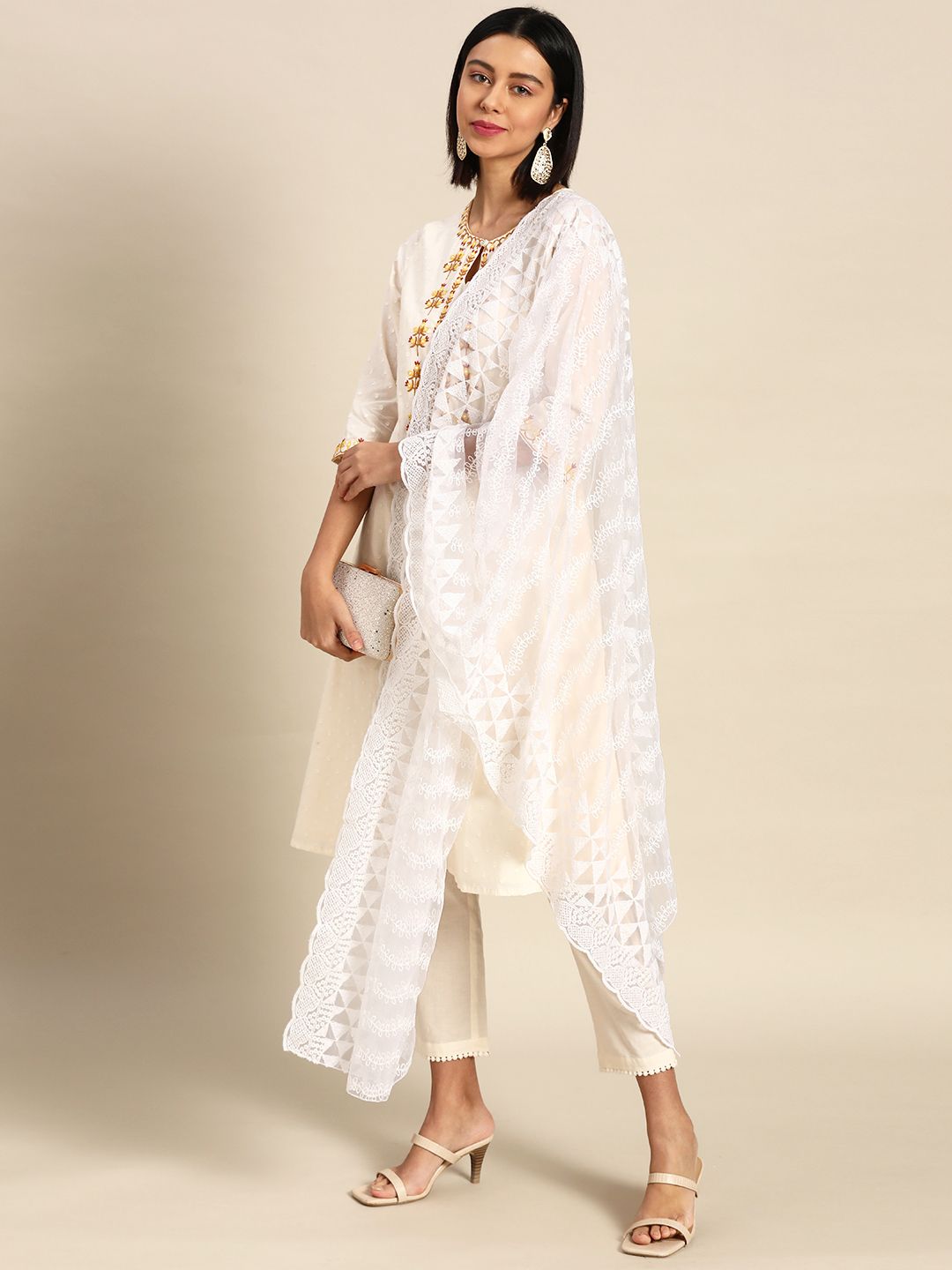 Saadgi White Chikankari Embroidered Sequinned Net Dupatta Price in India