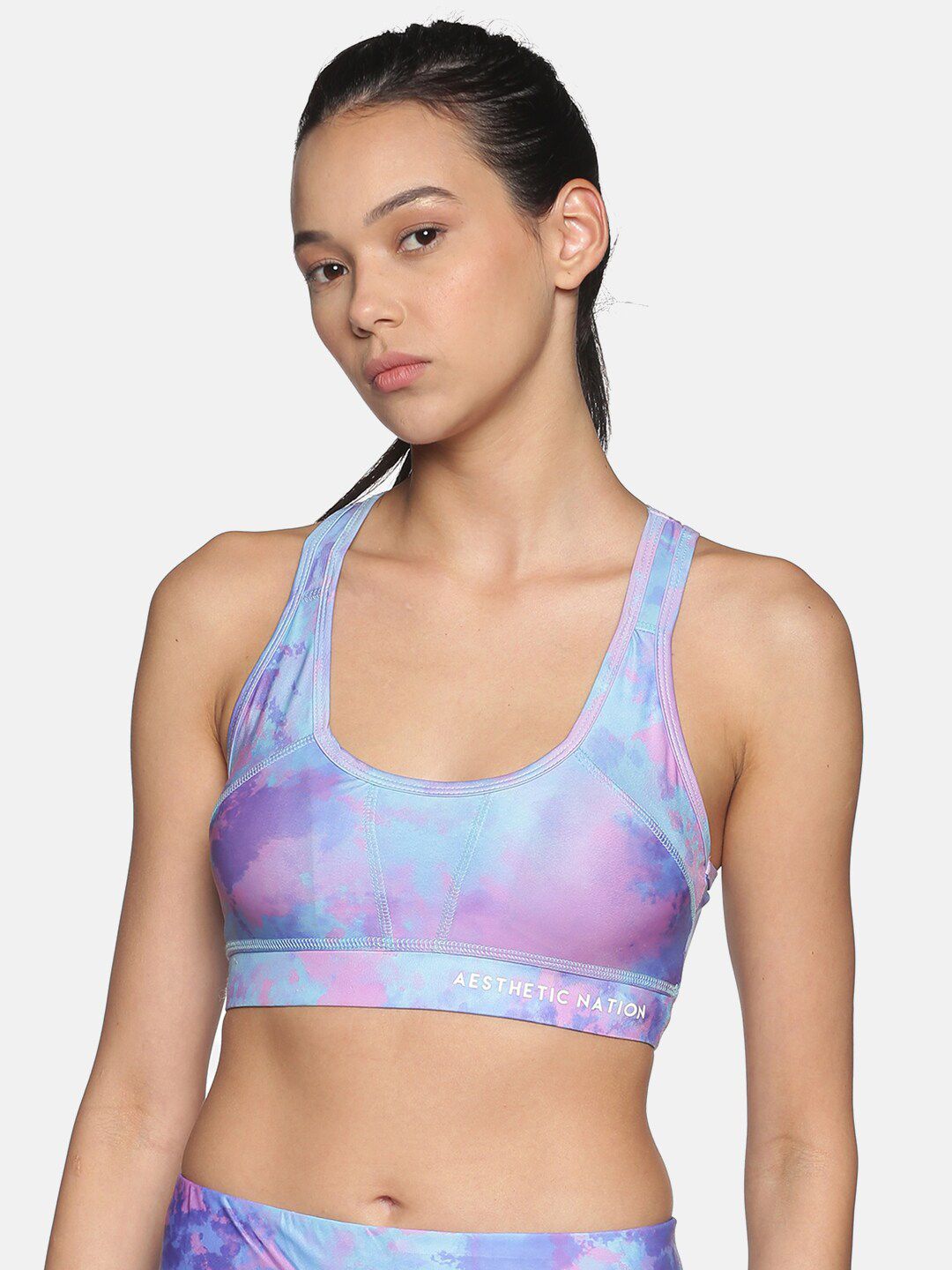 AESTHETIC NATION Pink & Turquoise Blue Colourblocked Non Wired Full Coverage Workout Bra Price in India